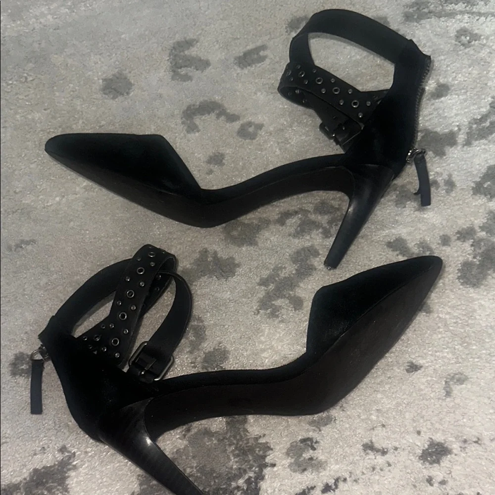 Joe’s Jeans black suede pointy closed toe ankle strap Betty heels
